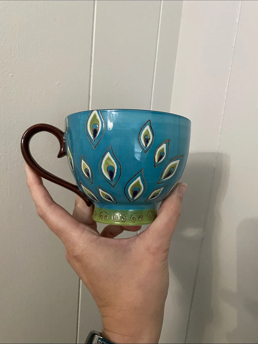 Pier 1 Turquoise Peacock Feather Ceramic Mug with Brown Handle